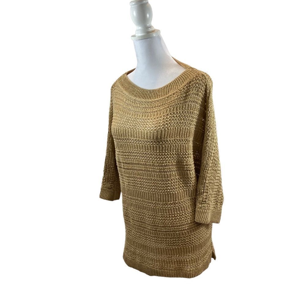Chico’s Travelers Brand Gold Metallic Open‎ Knit Sweater Chico’s Size 2